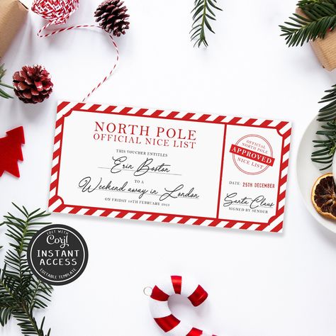 Editable Christmas Gift Voucher From Santa North Pole Delivery Printable Nice List Certificate Santa Gift Voucher Print at Home Christmas by BespokeInvites on Etsy Christmas Voucher Design, Lapland Reveal, Voucher Design Ideas, Christmas Ticket, Christmas Voucher, Client Gifts Christmas, Christmas Gift Voucher, Christmas Vouchers, Christmas Gift Vouchers