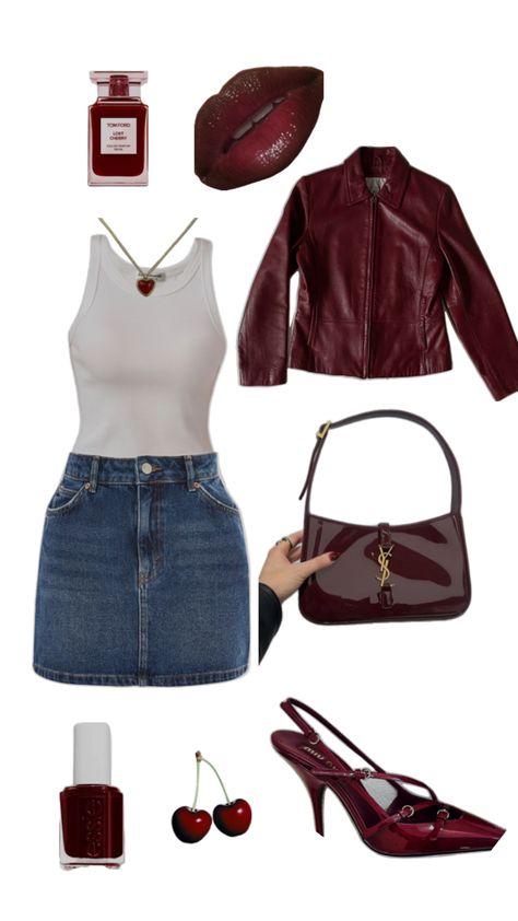 Cherry outfit, short denim skirt, tanktop, leather jacket Burgundy Leather Skirt Outfit, Denim Skirt Winter Outfit, Denim Skirt Winter, Burgundy Skirt Outfit, Maroon Outfit, Short Skirts Outfits, Maroon Jacket, Leather Skirt Outfit, Outfit Short