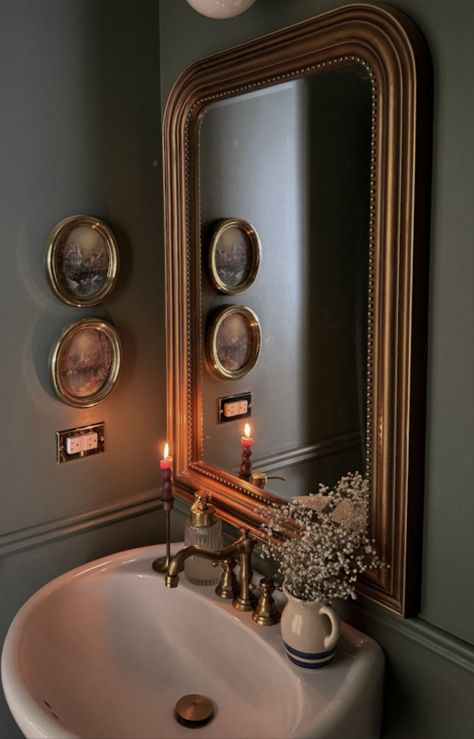 Southern Elegant Bathroom, Powder Room Victorian, Dark Green Powder Bathroom, Cozy Powder Room Ideas, Modern Victorian Powder Room, Gallery Wall In Powder Room, Dark Academia Half Bathroom, Small Moody Half Bath, Dark Moody Powder Room Ideas