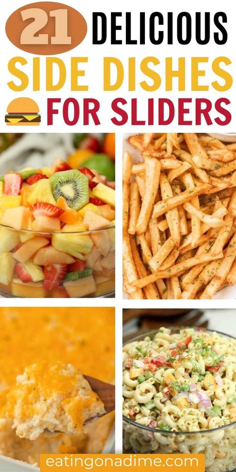 Learn what to serve with sliders besides chips. Try these easy side dish ideas perfect for busy weeknights or for parties with your favorite sliders recipe.  You’ll love these delicious slider sandwiches side dishes that the entire family will love.  #eatingonadime #slidersides #sidedishes #sidedishrecipes Pork Sliders Sides, Side Dishes For Sliders, What To Serve With Sliders, Pulled Pork Side Dishes, Bruschetta Board, Pork Side Dishes, Hamburger Side Dishes, Sliders Recipes Hawaiian Rolls, Camp Meals