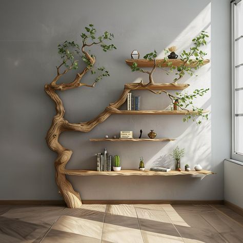 The tree branch bookshelf is meticulously handcrafted, each natural tree branch is delicately shaped, bringing natural and unique beauty. Tree branches are completely natural so there will be differences between products and actual photos. With 15 years of experience in the furniture industry, we always perfect each product before reaching customers. Inspired by the shape of a tree, the tree branch bookshelf gives users an environmentally friendly feeling. With ancient design mixed with modernit Raw Edge Bookshelf, Tree Branch Bookshelf, Light Wood Bookshelf, Nature Inspired Home Design, Shelf Ideas For Living Room, Nature Inspired Furniture, Tree Branch Shelf, Branch Bookshelf, Branch Shelf