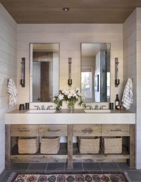 60 Most Popular Bathrooms Featured on One Kindesign for 2019 Modern Farmhouse Bathroom Decor, Countertops Ideas, Lake House Bathroom, Rustic Lake Houses, Lake House Interior, Lake House Kitchen, Bathroom Vanity Designs, Best Bathroom Vanities, Vanity Design