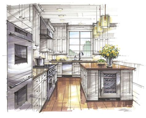 Kitchen Interior Sketch, Kitchen Perspective, Kitchen Sketch, Interior Architecture Sketch, Interior Design Sketchbook, Fine Homebuilding, Kitchen Drawing, Furniture Design Sketches, Perspective Drawing Architecture