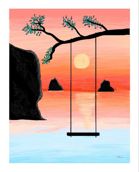 Beach Sunset Drawing, Beach Scene Drawing, Sunset Scenery Painting, Sunset Drawing Easy, Digital Art Sunset, Sunset Sketch, Sunset At Beach, Beach Sketches, Beach Sunset Painting