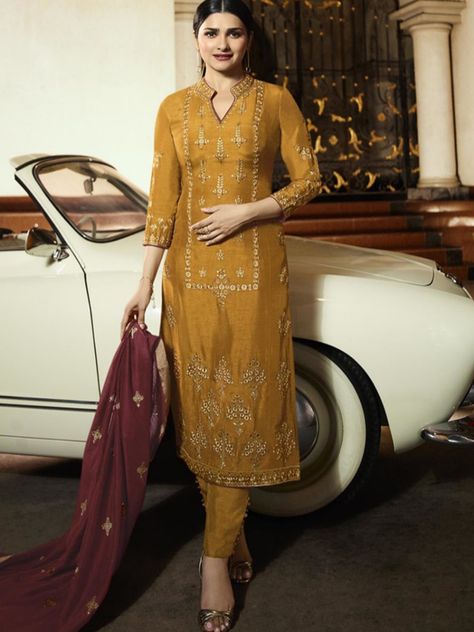 Buy Designer Salwar Suits For Women Online In India At Siya Fashion Prachi Desai Silk Mustard Embroidered Pant Style Suit. Fashion#siyafashion#designersuits#fancysuits#silk#mustardsalwarsuits#prachideai Pakistani Pant Suit, Salwar Embroidery, Pakistani Suit With Pants, Pakistani Gharara, Khadi Kurta, Wedding Salwar Suits, Mustard Pants, Suits Show, Celana Fashion