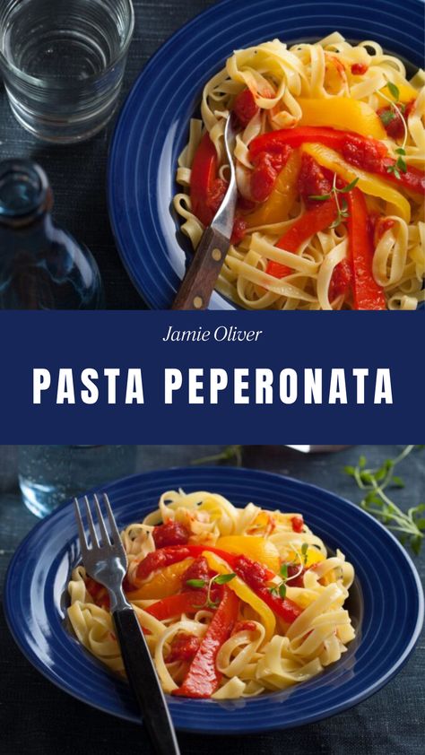 Jamie Oliver Pasta Peperonata Peperonata Recipe, Jamie Oliver Pasta, Sea Scape, Jamie Oliver Recipes, Yellow Pepper, Mascarpone Cheese, Red Onions, Wine Vinegar, Rigatoni