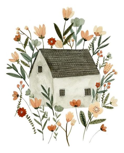 Sweet House, Floral Cottage, Art Mignon, Garden Drawing, Garden Watercolor, House And Garden, Cottage Art, House Illustration, 수채화 그림