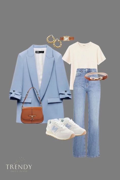 Blazers For Women Outfits Classy, Blazer Summer Outfits Women, Widelegjeans Outfit Summer, Blazer And Jeans Outfit Women, Blue Blazer Outfits For Women, Casual Work Outfits Women, Looks Jeans, Everyday Fashion Outfits, Casual Day Outfits