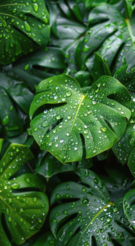 Lush Green Monstera Leaves Covered in Dew After Rain Tropical Leaves Photography, Monstera Plant Aesthetic, Green Leaves Aesthetic, Green Plants Aesthetic, Inktober 2024, Leaf Photography, Jungle Leaves, Moon Aesthetic, Feed Insta