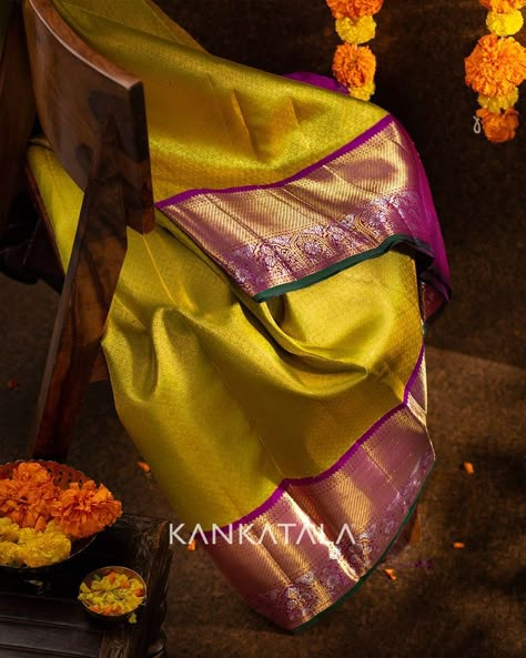 ​ Handwoven with attention to detail, this artistic expression on silk is embellished with gold zari brocade that makes the weave glisten. ​ . . ​ #kanchi #kanchipuramsaree #kanchisilk #saree #silksaree #weavesofindia #indianhandloom #handwovensaree #handloom Green Kanchipuram Silk Saree, Tulsi Silks, Saree Color Combinations, Latest Silk Sarees, Kanjivaram Sarees Silk, Simple Saree Designs, South Silk Sarees, Best Blouse Designs, Cutwork Blouse