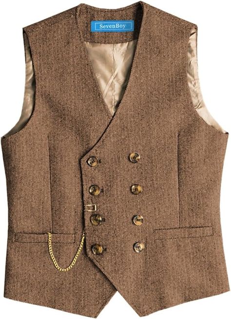 SevenBoy Men's Casual Suit Vest Regular Fit Wool Herringbone Waistcoat For Wedding and Party(Brown,L) at Amazon Men’s Clothing store Casual Suit Vest, Business Vest, Mens Casual Suits, Brown Vest, Office Meeting, Linen Suits, Vest Designs, Casual Suit, Suit Vest