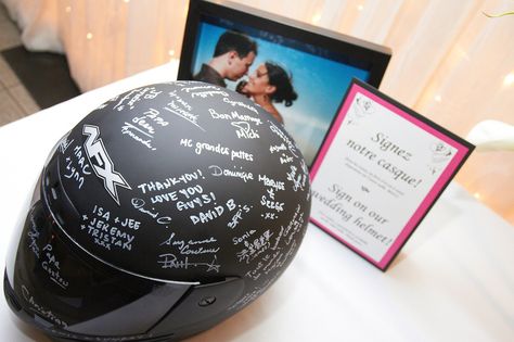 Another helmet idea for a guest book.  I think I like this one better - just one helmet is all we need. Centerpieces Black And White, Motorcycle Wedding Ideas, Biker Wedding Theme, Wedding Ideas Centerpieces, Motocross Wedding, Dirt Bike Wedding, Car Themed Wedding, Bike Wedding, Harley Davidson Wedding