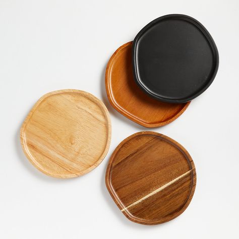 Byhring Mixed Wood Appetizer Plates, Set of 4 | Crate and Barrel Engagement Picnic, Tapas Party, Squaring The Circle, Outdoor Lunch, Mushroom Caps, Wooden Tableware, Wood Platter, Appetizer Plates Set, Mini Plate