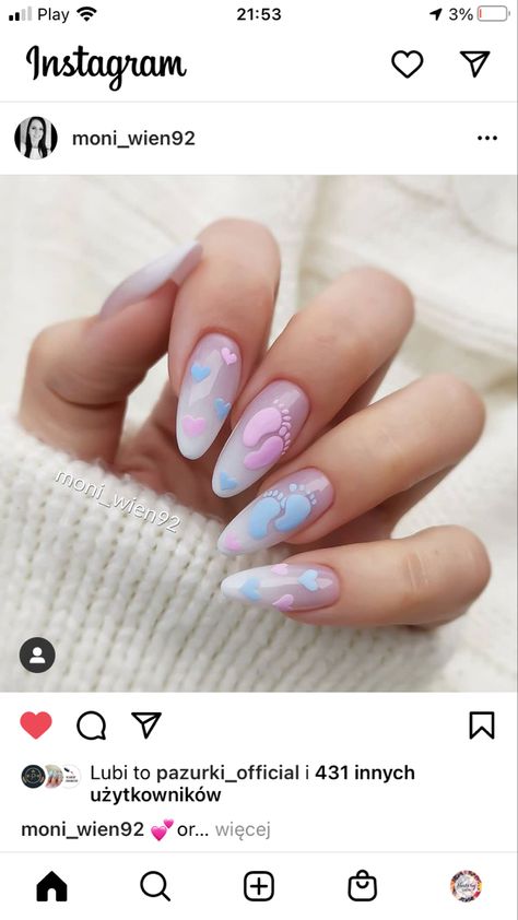 Nails Ideas For Gender Reveal, Nails Blue And Pink Pastel, Gender Reveal Inspired Nails, Pregnant Nails Ideas, Gender Nails Ideas Reveal, Gender Reveal Nails Almond, Nails Gender Reveal Cute Ideas, Baby Purple Nails Ideas, Gender Revel Nail Ideas