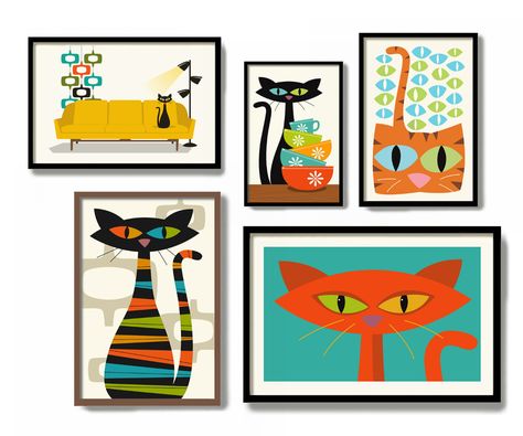 Mid-century Modern Cat Art from DexMex • hauspanther Mid Century Party Ideas, Mid Century Artists, Mid Century Modern Cat Art, Mid Century Cat Art, Retro Art Ideas, Mid Century Modern Art Diy, Mcm Painting, Pottery Party, Modern Cat Art