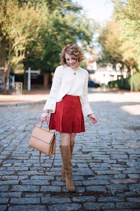 Suede Skirt Outfit, Boot Outfits, Faux Suede Skirt, Perfect Fall Outfit, Feminine Blouses, Red Skirt, Fall Clothes, Bell Sleeve Sweater, Suede Skirt