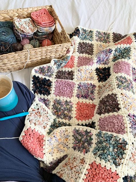 Patchwork Quilts Crochet, Verigated Granny Squares, Crochet Blanket Patchwork Squares, Granny Square Blanket Inspiration, Varigated Crochet Granny Squares, Scrap Granny Square Blanket, Crochet Big Granny Square, Knit Patchwork Blanket, Cool Crochet Blanket