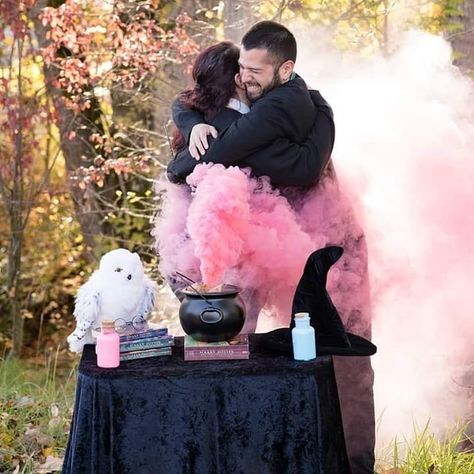 Which Or Wizard Gender Reveal, Wizard Gender Reveal, Hogwarts Gender Reveal, Dark Gender Reveal, Goth Gender Reveal Ideas, Witchy Gender Reveal Ideas, Gender Reveal Harry Potter Theme, A Baby Is Brewing Gender Reveal, Goth Gender Reveal