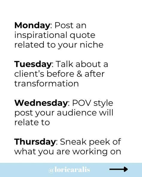 Content Creation got a lot easier when I made a plan! Steal my content calendar for the week: Monday: Post an inspirational quote related to your niche Tuesday: Talk about a client’s before & after transformation Wednesday: POV style post your audience will relate to Thursday: Sneak peek of what you are working on Friday: Share the ‘why’ behind your business Saturday: Remix a meme Reel that your audience will find funny Sunday: Share a customer testimonial Now you are set for the wee... Wednesday Social Media Posts, Wednesday Business Posts, Monday Engagement Post, Wednesday Engagement Posts, Wednesday Engagement Post, Funny Sunday, Sunday Humor, Social Media For Business, Monday Post