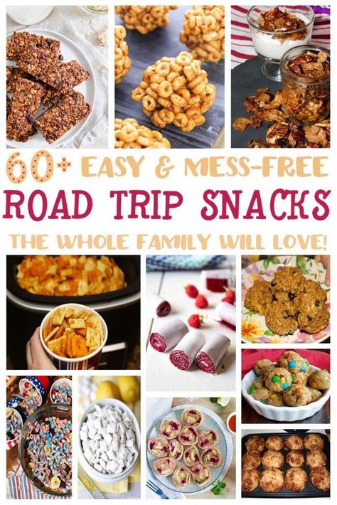 It's summer vacation time! Check out this list of over 60 easy to make and pack road trip snacks the whole family can enjoy in the car. Road Trip Desserts, Homemade Snacks For Traveling, Food For Lake Trip, Treats That Travel Well, Road Trip Food Recipes, Road Trip Snacks Recipes, Travel Snack Recipes, Christmas Road Trip Snacks, Homemade Road Trip Food