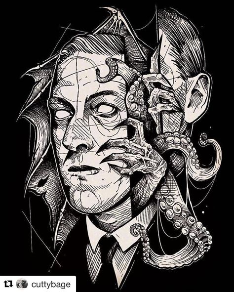 Another ridiculously amazing portrait piece by @cuttybage of hp lovecraft. Coming soon on some shirts. Hp Lovecraft Art, Cthulhu Tattoo, Cthulhu Fhtagn, Lovecraft Art, Call Of Cthulhu Rpg, Lovecraft Cthulhu, Lovecraftian Horror, Hp Lovecraft, Eldritch Horror