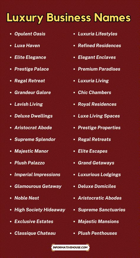 Are you starting a new luxury business and need help finding a great name? You're in the right place! In this article, we'll explore lots of ideas for Luxury Business Names to help you choose the perfect one for your new venture.  I've spent years working as a naming specialist, helping business owners like you find the ideal names for their companies.  I understand how important it is for your business name to convey luxury and sophistication. Your name is often the first thing customers notice, so it needs to be memorable and make a great impression.  With my experience in branding and market trends, I've handpicked a selection of names that will help your business stand out. Luxury Business Names Ideas, How To Make A Brand Name, Luxury Brand Name Ideas, Meaningful Names For Business, Agency Names Ideas, Vision Board Finance, Unique Company Names, Catchy Business Names, Company Names Ideas