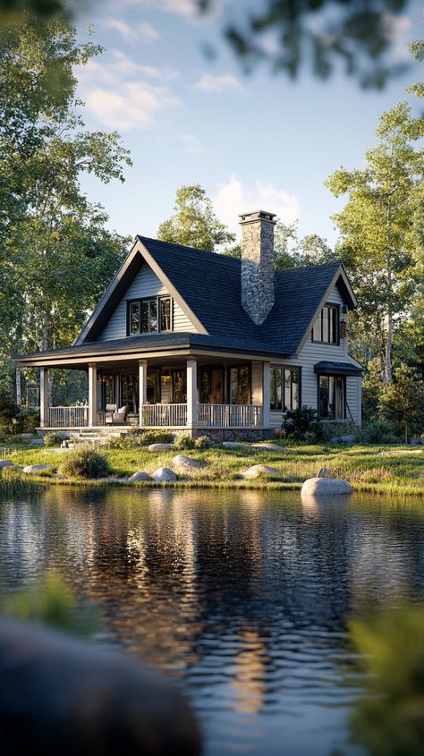 Riverside Cottage with a Porch Circumference Cottage With Pond, Riverside Cottage, Cozy Nooks, Lake Front, Peaceful Living, Cozy Nook, Lake View, House Front, Lake House