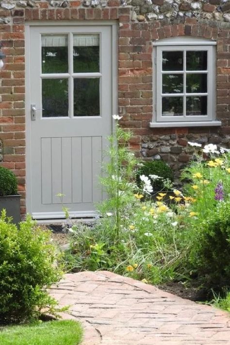 Cottage Doors Exterior Entrance, Hardwick White Front Door, Cottage Back Door, Greige Front Door, English Cottage Exterior Paint Colors, Cottage Garage Doors, Cottage Front Door, Hardwick White, Cottage Doors