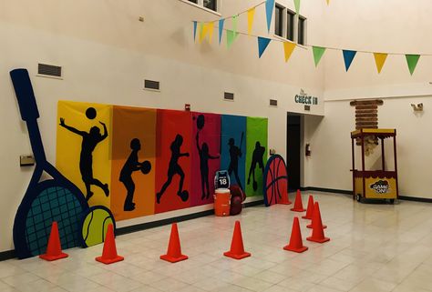 Lobby is done! #gameonvbs #reachflorida Sports Day Ideas, Olympic Door Decorations For School, Sports Decorations School, Sport Day Decoration Ideas For Kids, Olympics Door Decor, Sports Day Decoration Ideas School, Olympic Theme Door Decorations, Office Olympics Decorations, Olympic Theme Classroom Bulletin Boards