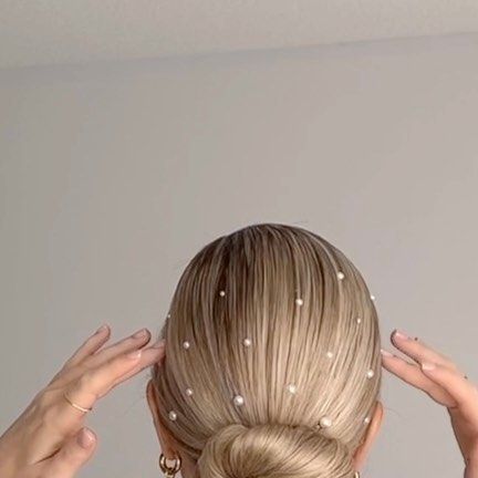 Pearls In Bun Wedding, Slick Back Pony With Pearls, Bridal Ponytail Pearls, Bridal Low Bun With Pearls, Slick Bride Hair, Bridesmaids Hair With Pearls, Low Bun Pearls, Pearls In Updo, Pearls Hair Wedding