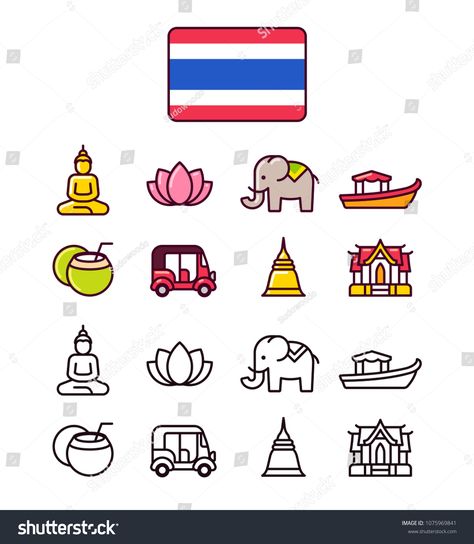 Thailand icons set. Traditional Thai national symbols. 2 styles, colored cartoon line icons and black outlines. #Ad , #Paid, #Traditional#Thai#national#Thailand Thai Symbols, Thailand Restaurant, Drawing Planner, Country Images, Embroidery Pen, Thailand Flag, Tattoo Time, Thailand Art, Bazaar Ideas