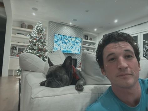 miles teller sitting in front of a couch that his dog bugsy is laying on Miles Teller Scars, Fem Oc, Miles Teller, Celeb Crush, Hottest Guy Ever, Tom Cruise, White Boys, Book 1, Celebrity Crush