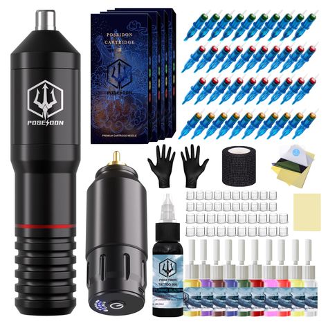 Tattoo Pen Kit - POSEIDON Wireless Tattoo Machine Kit, Tattoo Gun Kit with Tattoo Power Supply and 40 Pcs Tattoo Cartridge Ne Tattoo Transfer Paper, Complete Tattoo, Poseidon Tattoo, Tattoo Machine Kits, Tan Tattoo, Tattoo Pen Machine, Beginner Tattoos, Tattoo Process, Tattoo Power Supply