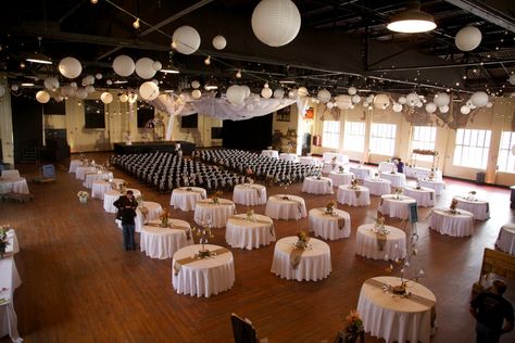 the ceremony and reception in one spot. white round tables, paper lanterns, and string lights - thereddirtbride.com - see more of this wedding here Ceremony In Reception Space, Wedding Table Layouts, White Round Tables, Wedding Table Setup, Reception Layout, Wedding Reception Seating, Venue Decorations, Reception Seating, Ceremony Seating