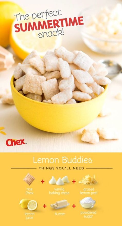 Chex Lemon Buddies, Lemon Buddies, Summertime Snacks, Baking Chips, Dessert Parfait, Rice Chex, Chex Mix Recipes, Muddy Buddies, Dessert Party