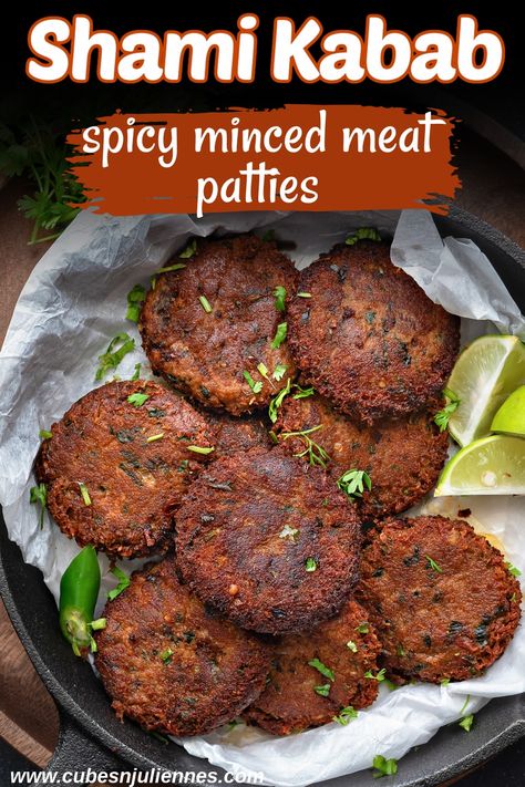 Looking at an overhead view of a platter filled with Shami Kabab. Made with mutton or beef, split chickpea and spices. Bulgur, Essen, Beef Kabab Pakistani, Beef Shami Kabab Recipe, Mutton Shami Kabab Recipe, Shami Kabab Recipe Beef, Mutton Kabab, Ramadan Dinner, Indian Sides