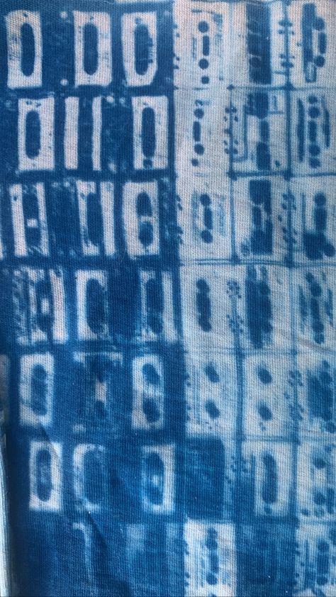 Cyanotype. Cyanotype process. Cyanotype clothing. Cyanotype art. Cyanotype shirt. Cyanotype idea. Cyanotype photography. Cyanotype fabric. Cyanotype aesthetic. 
A cyanotype print of tapes on to fabric. Test for a t shirt design Cyanotype Printing On Clothes, Cyanotype T Shirt, Cyanotype On Clothing, Sunprint Shirt, Cyanotype Shirts, Cyanotype On Fabric, Cyanotype Tshirt, Cyanotype Fabric, Cyanotype Shirt