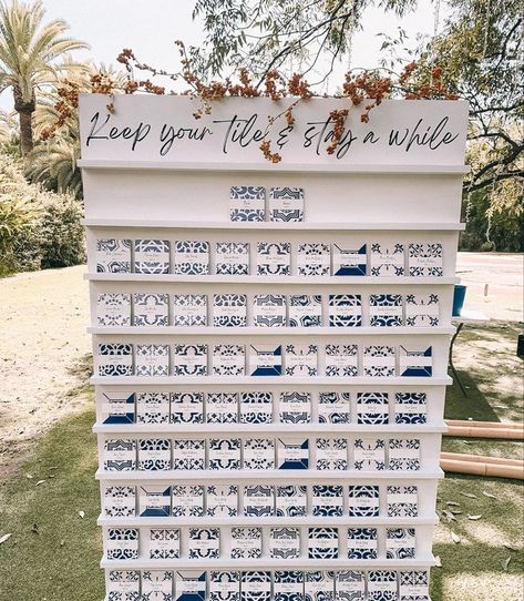 Italian Wedding Seating Plan, Spanish Seating Chart, Portugal Wedding Decor, Greece Theme Wedding Decor, Portuguese Tile Wedding, Spanish Italian Wedding, Mosaic Wedding Decor, Talavera Seating Chart, Blue And White Spanish Wedding