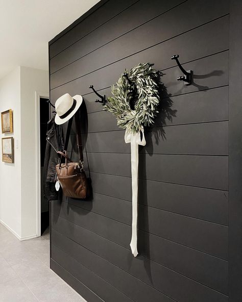 Black Shiplap Wall, Shiplap Entryway, Black Shiplap, Painting Shiplap, Black Feature Wall, Shiplap Wall Diy, Black Accent Walls, Mudroom Decor, Shiplap Accent Wall