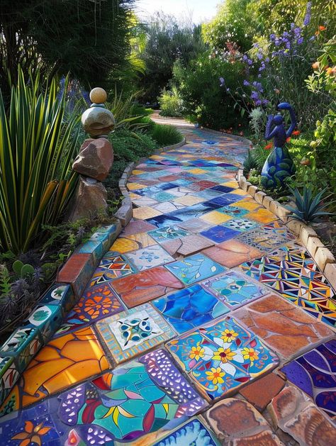 20 Bohemian Garden Pathway Inspirations for Serenity Seekers - Home Made Graceful Using Tiles In The Garden, Boho Pathway, Stepping Stones Pathway, Beautiful Walkways, Colorful Pebbles, Woodland Trail, Pathway Ideas, Garden Details, Garden Pavers