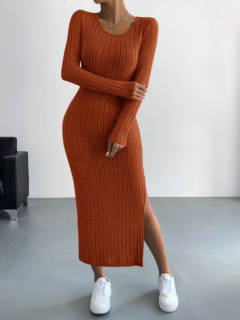 Rust Brown Casual Collar Long Sleeve Fabric Plain Fitted Embellished High Stretch  Women Clothing Dirndl, Side Split Dress, Minimalist Dresses, Knitted Bodycon Dress, Split Dress, Original Fashion, Crewneck Dress, Long Sleeve Bodycon, Comfortable Dress