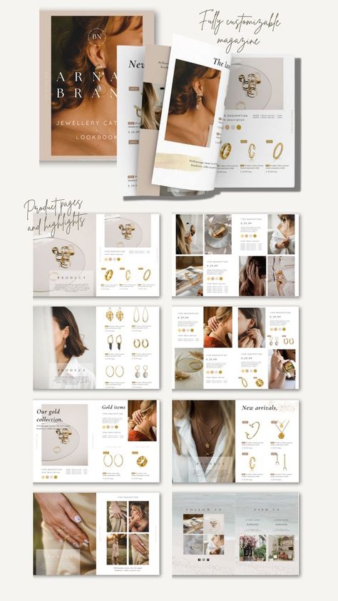 Jewellery Product Catalog Template - Editable Wholesale Lookbook Canva - A4 Product Brochure, Line Sheet - Instant Download Jewellery Broucher Design, Jewelry Cover Design, Jewellery Portfolio Layout, Jewellery Cover Page Design, Jewellery Lookbook Design, Product Callouts Design, Jewellery Magazine Cover, Jewellery Lookbook Layout, Jewellery Magazine Layout