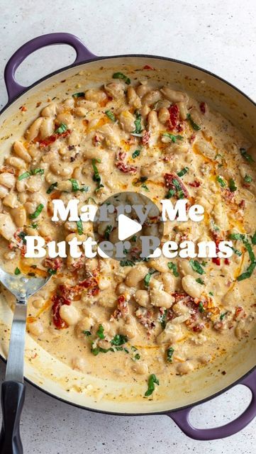 Brita Britnell on Instagram: "MARRY ME BUTTER BEANS! Comment “recipe” and I’ll send this straight to your DMs or see the full recipe below to save for later!

We’ve made Marry Me Chickpeas and marry Me Tofu but this BUTTER BEAN version is most certainly my favorite!

I really feel like we should all be cooking with butter beans far more often!

* 2 tbs of olive oil
* 2 tbs of unsalted butter
* 3 cloves garlic, finely minced
* 1 cup of vegetable broth
* 1 cup of heavy cream
* 1/2 cup parmesan cheese grated (plus more for serving)
* 1 tsp chili flakes
* 1/4 tsp oregano
* 1/4 tsp thyme
* 1/3 cup sun-dried tomatoes, chopped
* 2 cans of butter beans or other beans, drained and rinsed
* 1 tbs of chopped fresh herbs

1️⃣ Heat a large nonstick skillet over medium heat and add in the olive oil. Onc Marry Me Beans, Marry Me Butter Beans, Butter Beans Recipe, White Bean Recipes, Vegetable Broth, Nonstick Skillet, Butter Beans, Sun Dried Tomatoes, Chili Flakes