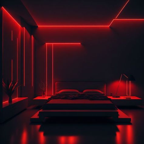 Led Light Room Decor Ideas, Red Bedroom Lights, Red Light Room Bedrooms, Red Light In Bedroom, Red Led Room, Led Bedroom Aesthetic, Black And Red Bedroom Decor, Black Red Bedroom, Red Aesthetic Bedroom