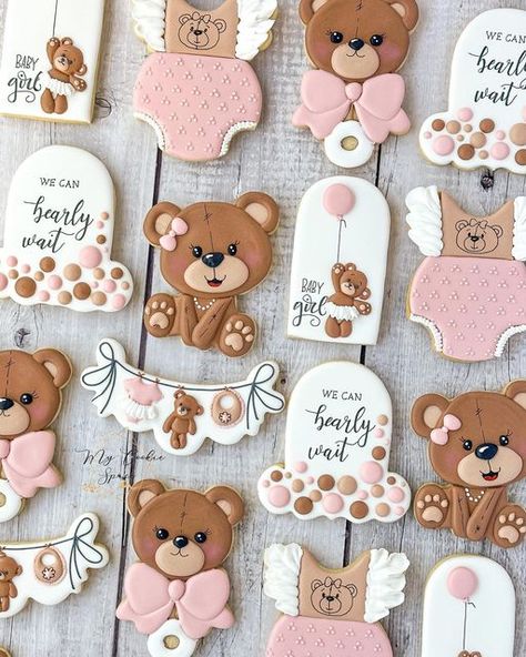 Teddy Bear Cookies Baby Shower Girl, We Can Bearly Wait Cookies Decorated, Teddy Bear Cookies Decorated, We Can Bearly Wait Cookies, Bear Cookies Decorated, Baby Shower Girl Cookies, Teddy Bear Baby Shower Cookies, Bear Baby Shower Cookies, Bear Sugar Cookies