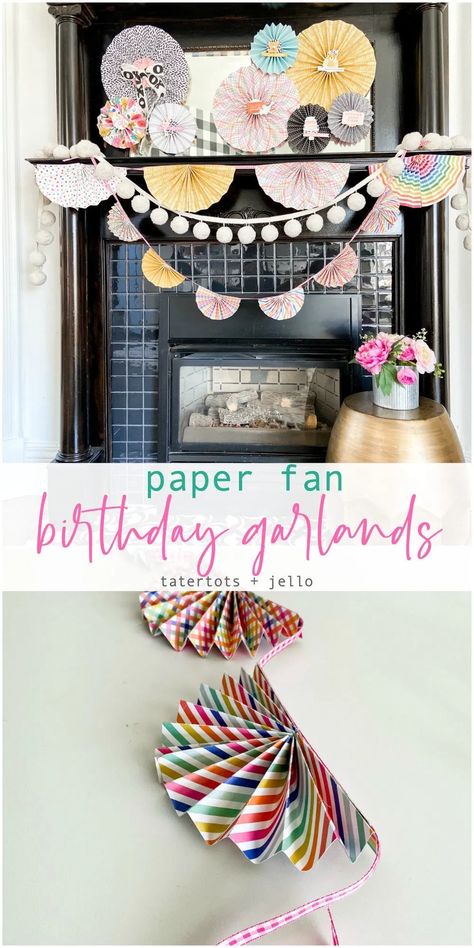 DIY Paper Fan Birthday Garlands - easy party decor! Paper Fans Decoration Backdrops, Diy Paper Fan, Paper Wreath Diy, Paper Medallions, Diy Party Crafts, Birthday Theme Decoration, Festive Party Decorations, Paper Fan Decorations, Birthday Garland