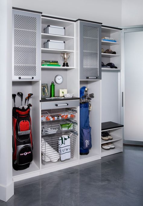 Golf Locker, Automotive Garage, Garage Design Interior, Overhead Garage Storage, Garage Storage Shelves, Garage Organization Diy, Garage Tool Storage, Garage Remodel, Modern Garage