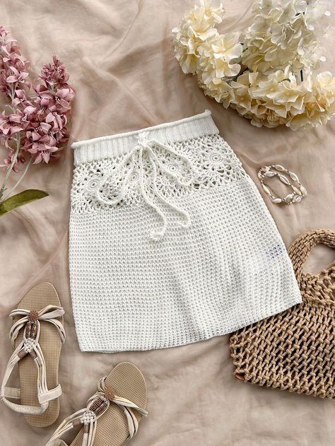 Women's Vacation/Casual White Crochet Flower Waistband Slim Fit Mini Skirt White Boho   Knitwear Plain  Slight Stretch  Women Clothing, size features are:Bust: ,Length: ,Sleeve Length: Boho Knitwear, White Crochet Skirt, Sweater Skirts, Crochet Skirt, Skirt White, White Crochet, Sweater Skirt, Knitwear Women, White Skirts