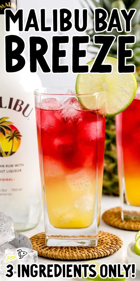 Our Malibu Bay breeze is a tropical cocktail made with pineapple juice, coconut rum, and cranberry juice for a refreshingly sweet and tart taste. Malibu Pineapple Cranberry, Malibu Breeze Drink, Summer Malibu Drinks, Drinks Alcohol Recipes With Malibu, Jungle Juice With Malibu Rum, Malibu Paradise Drink, Vodka Malibu Drinks, Malibu And Pineapple Juice Recipes, Malibu Bay Breeze Cocktail