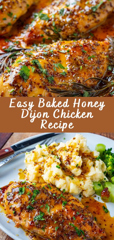 Easy Baked Honey Dijon Chicken Recipe | Cheff Recipes Easy Baked Dishes For Dinner, Essen, Sweet Baked Chicken Recipes, Flavorful Healthy Dinner Recipes, Chicken Dinner Recipes For Family Main Dishes, Easy Baked Honey Dijon Chicken, Dijon Mustard Recipe Main Dishes, Baked Chicken Ideas For Dinner, Chicken On The Grill Dinner Ideas